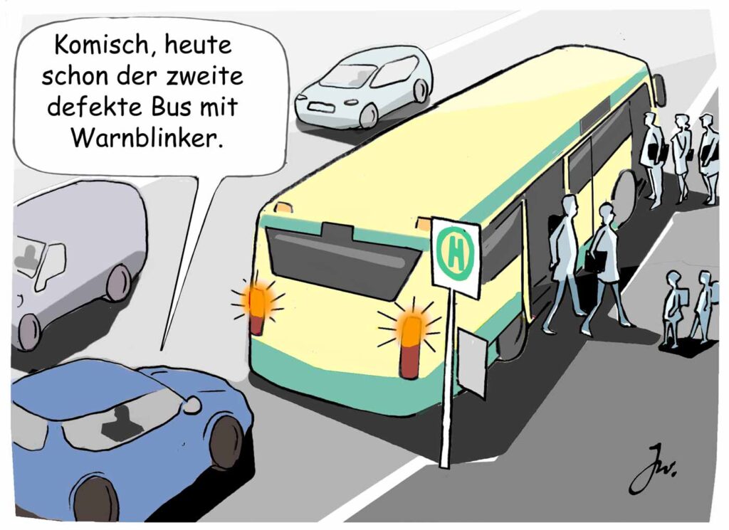 wie verhalten sie sich wenn ein bus an einer haltestelle hält und warnblinklicht eingeschaltet ist